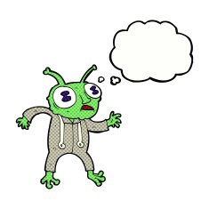 cartoon alien spaceman with thought bubble N20