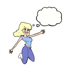cartoon jumping woman with thought bubble N10