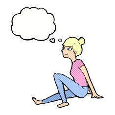 cartoon woman sitting with thought bubble N16