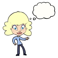 cartoon woman pointing with thought bubble N210