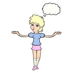cartoon woman shrugging shoulders with thought bubble N474