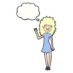 cartoon happy woman waving with thought bubble N9