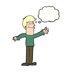 cartoon happy man waving with thought bubble N36