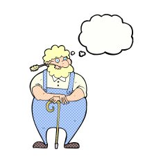 cartoon farmer leaning on walking stick with thought bubble N6
