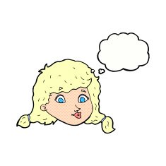 cartoon pretty female face with thought bubble N92