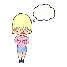 cartoon woman making Who Me? gesture with thought bubble N43