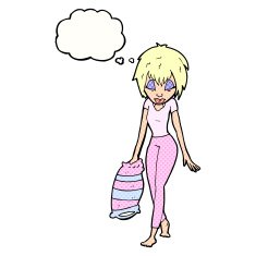 cartoon woman going to bed with thought bubble N8