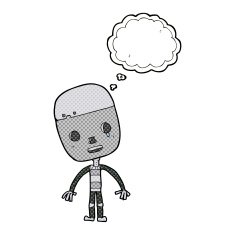 cartoon sad robot with thought bubble N10