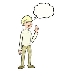 cartoon waving man with thought bubble N38