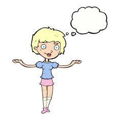 cartoon woman spreading arms with thought bubble N10
