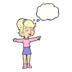 cartoon happy woman pointing with thought bubble N65