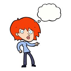 cartoon surprised woman pointing with thought bubble N10