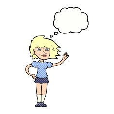 cartoon woman waving with thought bubble N330
