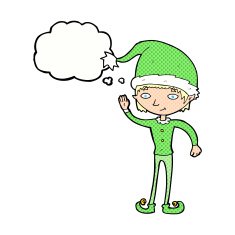 cartoon waving christmas elf with thought bubble N10