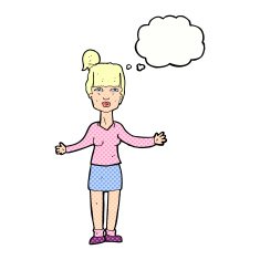 cartoon woman shrugging shoulders with thought bubble N479
