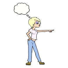 cartoon woman pointing with thought bubble N211