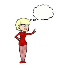 cartoon woman wearing spectacles with thought bubble N39