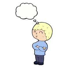 cartoon boy with folded arms thought bubble N19