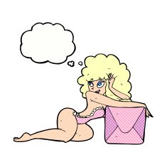 cartoon pin up woman with box thought bubble N9