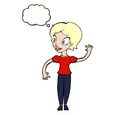 cartoon woman waving with thought bubble N332