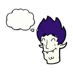 cartoon happy vampire head with thought bubble N10