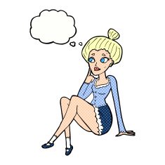 cartoon attractive woman sitting thinking with thought bubble N9