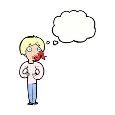 cartoon woman sticking out tongue with thought bubble N10