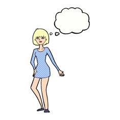 cartoon woman in dress with thought bubble N39