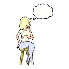 cartoon woman sitting on bar stool with thought bubble N19