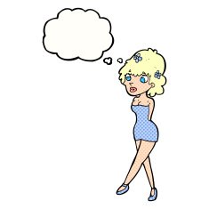 cartoon woman posing in dress with thought bubble N34
