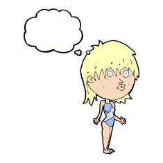 cartoon woman in swimsuit shrugging shoulders with thought bubbl N6