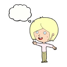 cartoon happy girl waving with thought bubble N10