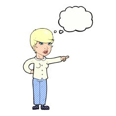 cartoon woman pointing finger of blame with thought bubble N10