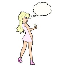 cartoon woman posing in dress with thought bubble N35