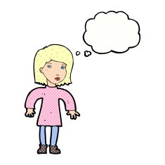 cartoon cautious woman with thought bubble N10