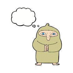 cartoon monk in robe with thought bubble N10