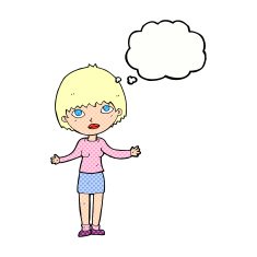 cartoon woman shrugging with thought bubble N58