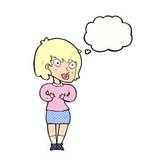 cartoon woman making Who Me? gesture with thought bubble N45