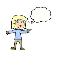 cartoon happy woman pointing with thought bubble N67
