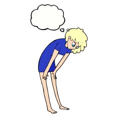 cartoon woman looking at her feet with thought bubble N10