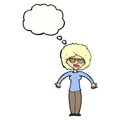 cartoon woman shrugging shoulders with thought bubble N484