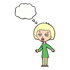 cartoon tired woman with thought bubble N30