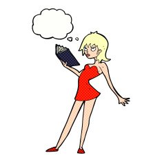 cartoon woman reading book with thought bubble N10