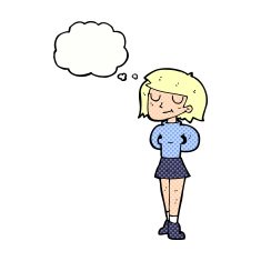 cartoon pleased woman with thought bubble N10