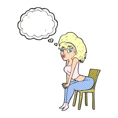 cartoon woman posing on chair with thought bubble N19