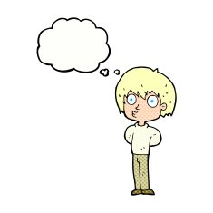 cartoon impressed boy with thought bubble N5