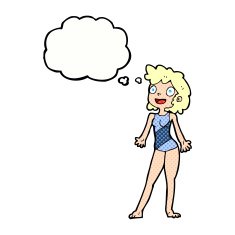cartoon woman in swimming costume with thought bubble N10