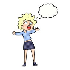 cartoon frightened woman with thought bubble N28