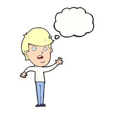 cartoon unhappy boy with thought bubble N57