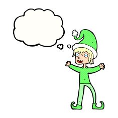 cartoon excited christmas elf with thought bubble N9